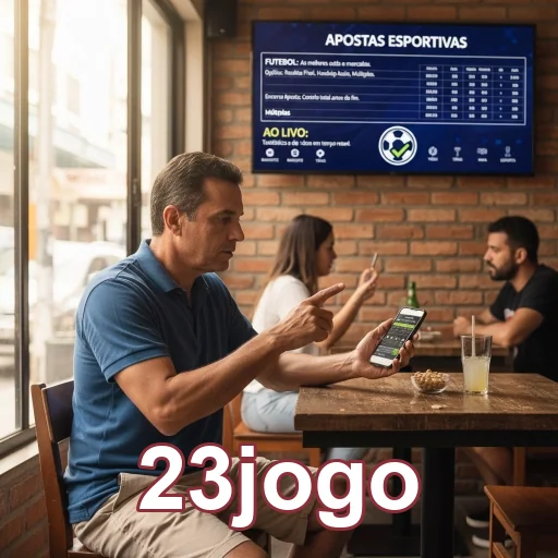 Homem acessando o app 23jogo em um bar.