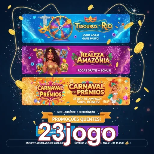 Painéis promocionais de slots no 23jogo com bônus especiais.