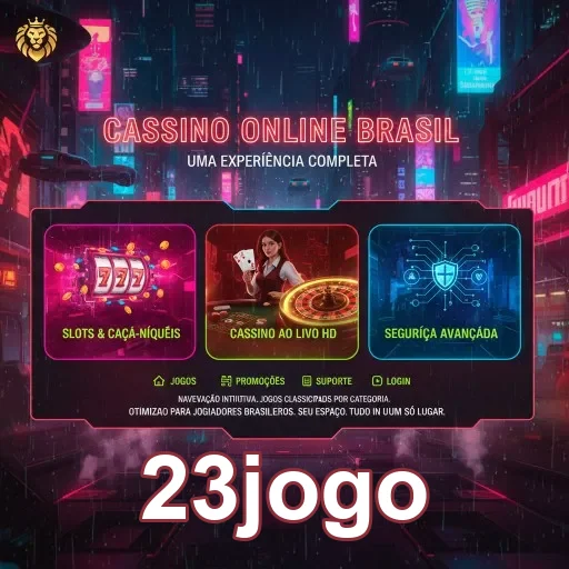 Interface do aplicativo 23jogo destacando slots e cassino ao vivo.