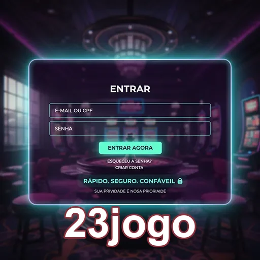 Tela de login do 23jogo com slots ao fundo.