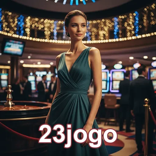 Jogadora em ambiente de cassino no 23jogo, com máquinas ao fundo.