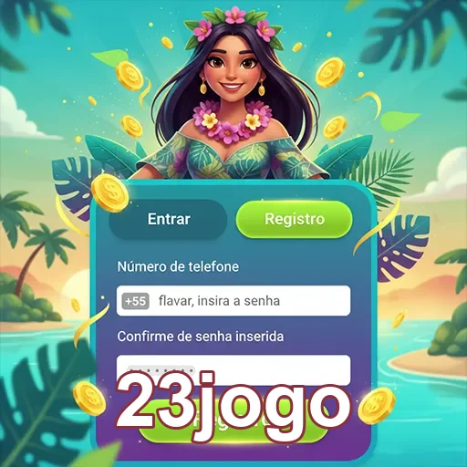Tela de registro da 23jogo com personagem e elementos de bônus.