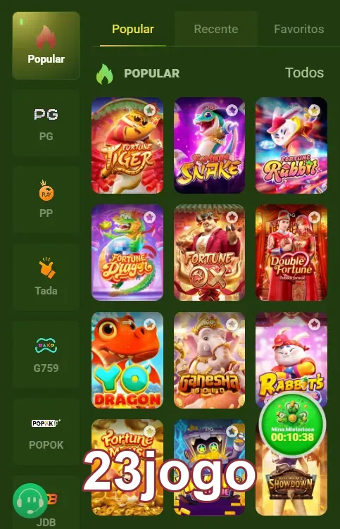 Interface do 23jogo exibindo jogos populares para saque.